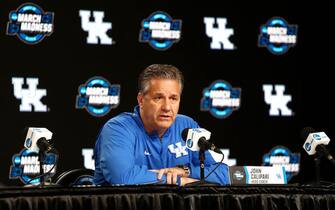 KANSAS CITY, MISSOURI - MARCH 28: Head coach John Calipari of the Kentucky Wildcats speaks with the media at a press conference during a practice session ahead of the 2019 NCAA Basketball Tournament Midwest Regional at Sprint Center on March 28, 2019 in Kansas City, Missouri. (Photo by Tim Bradbury/Getty Images)