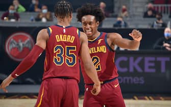 CLEVELAND, OH - DECEMBER 23: Collin Sexton #2 hi-fives Isaac Okoro #35 of the Cleveland Cavaliers during the game against the Charlotte Hornets on December 23, 2020 at Rocket Mortgage FieldHouse in Cleveland, Ohio. NOTE TO USER: User expressly acknowledges and agrees that, by downloading and/or using this Photograph, user is consenting to the terms and conditions of the Getty Images License Agreement. Mandatory Copyright Notice: Copyright 2020 NBAE (Photo by David Liam Kyle/NBAE via Getty Images)