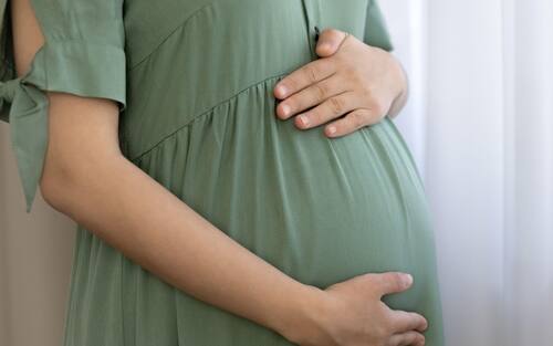 Tender single pregnant woman embrace big tummy by window
