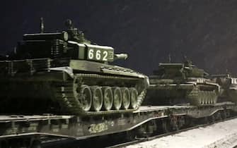 RUSSIA - FEBRUARY, 2022: Pictured in this video screen grab is a troop train carrying military hardware of Russian Army Western Military District tank army units from recent routine drills to a permanent deployment site in the Nizhny Novgorod Region. Video grab. Best possible quality. Russian Defence Ministry/TASS/Sipa USA