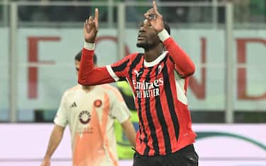 AC Milan’s forward Tammy Abraham celebrates after scoring during the Coppa Italia (Italy Cup) round of eight soccer match between AC Milan and Roma at the Giuseppe Meazza Stadium in Milan, Italy, 5 February 2025. ANSA/DANIEL DAL ZENNARO