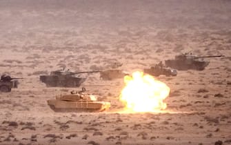 A US army M1 Abrams main battle tank fires a round during the second annual "African Lion" military exercise in the Tan-Tan region in southwestern Morocco on June 30, 2022. (Photo by FADEL SENNA / AFP) (Photo by FADEL SENNA/AFP via Getty Images)