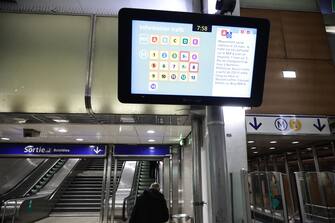 epa10538068 A screen shows disruption in public transport inside La Defense station during a day of national strike led by French trade unions against the government's reform to the pension system, in Puteaux, Paris, France, 23 March 2023. Metro traffic was slightly disrupted with some lines running at half capacity. Protests continue in France after the prime minister announced on 16 March 2023 the use of Article 49 paragraph 3 (49.3) of the French Constitution to have the text on the controversial pension reform law - raising retirement age from 62 to 64 - be definitively adopted without a vote.  EPA/CHRISTOPHE PETIT TESSON