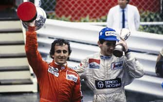 MONTE CARLO, MONACO - JUNE 03: Alain Prost and Ayrton Senna with their trophies during the Monaco GP at Monte Carlo on June 03, 1984 in Monte Carlo, Monaco. (Photo by Ercole Colombo / Studio Colombo)
