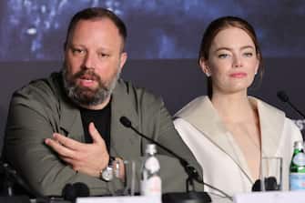 CANNES, FRANCE - MAY 18: Yorgos Lanthimos and Emma Stone  attend the "Kinds Of Kindness" Photocall at the 77th annual Cannes Film Festival at Palais des Festivals on May 18, 2024 in Cannes, France. (Photo by Neilson Barnard/Getty Images)