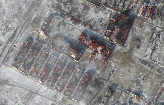 YAKOVLIVKA, UKRAINE -- JANUARY 10, 2023:  09 Maxar satellite (AFTER) imagery showing destroyed farm buildings in Yakovlivka, Ukraine. Please use: Satellite image (c) 2022 Maxar Technologies.