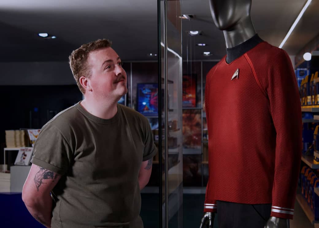 Visitor looks at Simon Pegg's screen-used costume from Star Trek (2009) at the Science Museum © Science Museum Group