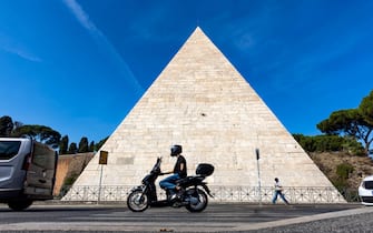 The Pyramid of Caius Cestius in the Testaccio neighborhood in Rome, Italy.