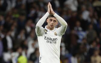 epa10570205 Rael Madrid's midfielder Fede Valverde at the end of the UEFA Champions League quarter final first leg soccer match between Real Madrid and Chelsea FC, in Madrid, Spain, 12 April 2023.  EPA/JUANJO MARTIN