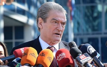 TIRANA, ALBANIA - MARCH 9: Former Albanian Prime Minister Sali Berisha speaks to the media outside the prosecution office after he testified on an assassination attempt on deputy Tom Doshi in Tirana, Albania on March 9, 2015. (Photo by Olsi Shehu/Anadolu Agency/Getty Images)
