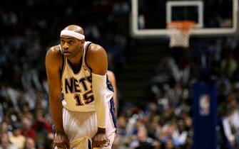 EAST RUTHERFORD, NJ - MAY 14:  Vince Carter #15 of the New Jersey Nets looks on during their game against the Cleveland Cavaliers in Game Four of the Eastern Conference Semifinals during the 2007 NBA Playoffs on May 14, 2007 at the Continental Airlines Arena in the Meadowlands in East Rutherford, New Jersey.  NOTE TO USER: User expressly acknowledges and agrees that, by downloading and or using this photograph, User is consenting to the terms and conditions of the Getty Images License Agreement.  (Photo by Chris McGrath/Getty Images)