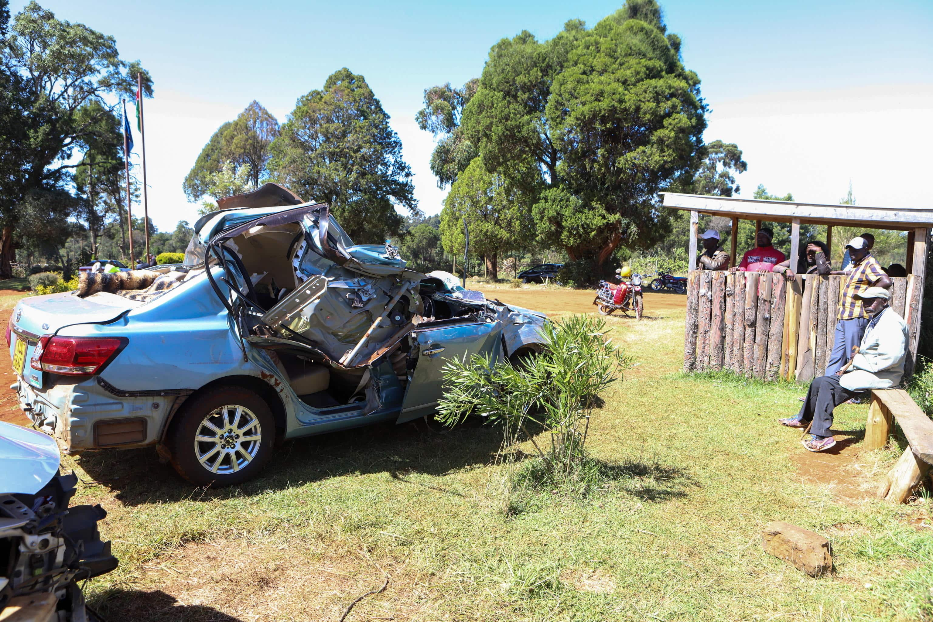 epa11147134 The crashed car that Marathon world record-holder Kelvin Kiptum was driving sits in front of the Police Station in Kaptagat, Kenya, 12 February 2024. Kiptum and his Rwandan coach Gervais Hakizimana died in a car crash on late 11 February 2024, police said. Kiptum set a new world record of 2:00.35 at the Chicago Marathon in October 2023.  EPA/STR