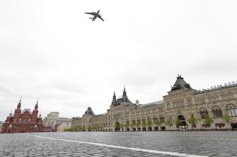 MOSCOW, RUSSIA - MAY 9 : Beriev A-50, airborne early warning and control (AEW&C) aircraft based on the Ilyushin Il-76 transport, performs during a Victory Day military parade marking the 75th anniversary of the victory over Nazi Germany in the 1941-1945 Great Patriotic War, the Eastern Front of World War II, amid coronavirus (Covid-19) precautions at Red Square in Moscow, Russia on May 09, 2020. (Photo by Sefa Karacan/Anadolu Agency via Getty Images)