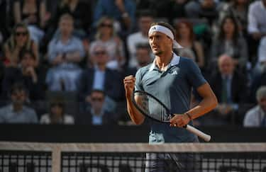 Alexander Zverev of Germany react during his men's singles final match against Nicolas Jarry of Chile (not pictured) at the Italian Open tennis tournament in Rome, Italy, 19 May 2024.  ANSA/ETTORE FERRARI