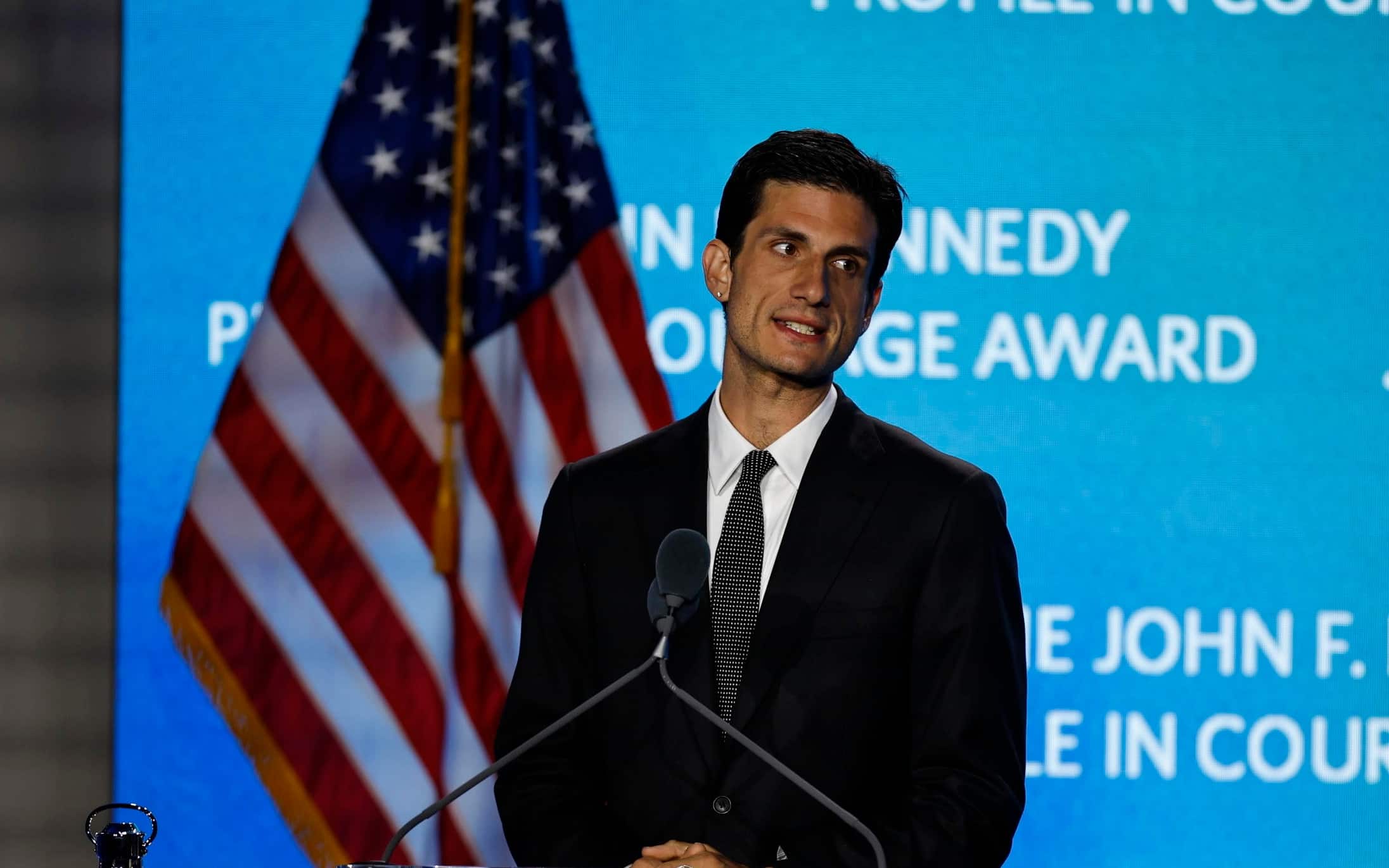 epa12074255 Jack Schlossberg addresses the audience at the 2025 John F Kennedy Profile in Courage awards presentations at the the John F Kennedy Library and Museum in Boston, Massachusetts, USA, 04 May 2025. The 2025 John F. Kennedy Profile in Courage Award will be presented to former US Vice President Michael R. Pence for putting his life and career on the line to ensure the constitutional transfer of presidential power on 06 January 2021. The John F. Kennedy Profile in Courage Award is presented annually by the JFK Library Foundation to public servants for making a courageous decision of conscience without regard for the personal or professional
consequences.  EPA/CJ GUNTHER