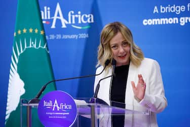 Italian Prime Minister Giorgia Meloni during the press conference at the end of Italy-Africa Summit in the Italian Senate in Rome, Italy, 29 January 2024. ANSA/FABIO FRUSTACI