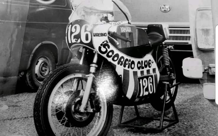 La moto di Graziano Rossi, papà di Valentino, sponsorizzata dallo "Scorpio Club" del fratello di Aldo Drudi Scorpio Club