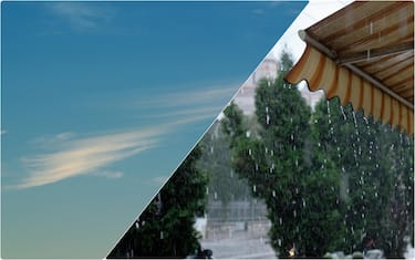 collage: cielo azzurro e pioggia su un gazebo 