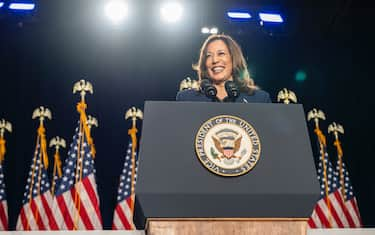 WEST ALLIS, WI - JULY 23: Vice President Kamala Harris speaks at a campaign event on July 23rd, 2024 at West Allis Central High School. (Photo by Sara Stathas for the Washington Post)