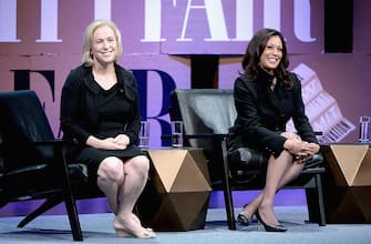 SAN FRANCISCO, CA - OCTOBER 09:  US Senator of New York Kirsten Gillibrand and Attorney General of California Kamala D. Harris speak onstage during "Disrupting Politics" at the Vanity Fair New Establishment Summit at Yerba Buena Center for the Arts on October 9, 2014 in San Francisco, California.  (Photo by Michael Kovac/Getty Images for Vanity Fair)