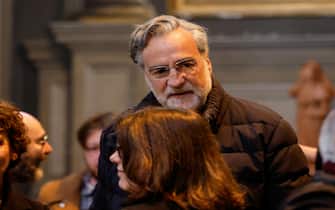 Max Tortora alla Chiesa degli Artisti durante i funerali di Antonello Fassari, Roma, 8 Aprile 2025. ANSA/GIUSEPPE LAMI