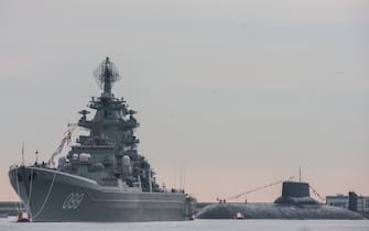 Russian Navy's Pyotr Velikiy (Peter the Great) nuclear battlecruiser and Russian Navy's TK-208 Dmitry Donskoy nuclear submarine is prepared for the Navy Day parade in Kronshtadt of the suburb of St. Petersburg (Photo by Igor Russak/NurPhoto via Getty Images)