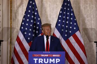 Former US President Donald Trump delivers remarks at the Mar-a-Lago Club in Palm Beach, Florida, US, on Tuesday, April 4, 2023. Trump entered a not-guilty plea to 34 counts of falsifying business records in the first degree in a proceeding that took a little less than an hour. Photographer: Eva Marie Uzcategui/Bloomberg via Getty Imagesgrapher: Eva Marie Uzcategui/Bloomberg via Getty Images