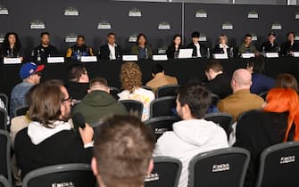 LONDON, ENGLAND - APRIL 10: (L-R) Nadia Darries, LeAndre Thomas, Arthell Isom, Milind Shinde, Julien Chheng, (translator) Hyeong Geun Park, Magdalena Osinska, Gabriel Osorio, Paul Young and Rodrigo Blaas during the Visions press conference at Star Wars Celebration 2023 in London at ExCel on April 10, 2023 in London, England. (Photo by Jeff Spicer/Getty Images for Disney)