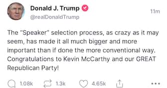 “Grazie Kevin è stato un grandissimo onore!”. È il primo messaggio di Donald Trump dopo l’elezione di McCarthy a speaker della Camera Usa in risposta a un video nel quale il repubblicano ringrazia pubblicamente l’ex presidente per il suo ruolo