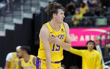 LAS VEGAS, NEVADA - OCTOBER 09: Austin Reaves #15 of the Los Angeles Lakers gestures after hitting a 3-pointer against the Brooklyn Nets in the second quarter of their preseason game at T-Mobile Arena on October 09, 2023 in Las Vegas, Nevada. The Lakers defeated the Nets 129-126. NOTE TO USER: User expressly acknowledges and agrees that, by downloading and or using this photograph, User is consenting to the terms and conditions of the Getty Images License Agreement. (Photo by Ethan Miller/Getty Images)