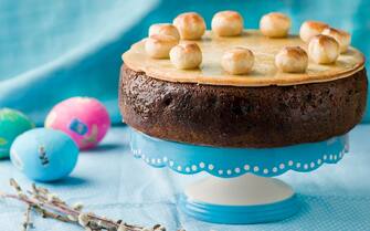 Simnel cake .Traditional English easter cake with marzipan.