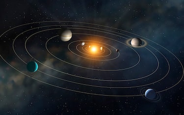 Illustration of the solar system, showing the paths of the eight major planets as they orbit the Sun, plus the asteroids and comets. The four inner planets are, from inner to outer, Mercury, Venus, Earth and Mars. The four outer planets are, inner to outer, Jupiter, Saturn, Uranus and Neptune.