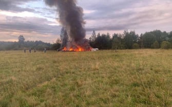 TVER, RUSSIA - AUGUST 23: (----EDITORIAL USE ONLY - MANDATORY CREDIT - 'WAGNER TELEGRAM ACCOUNT / HANDOUT' - NO MARKETING NO ADVERTISING CAMPAIGNS - DISTRIBUTED AS A SERVICE TO CLIENTS----) A view of site after a private jet, allegedly carrying Wagner head Yevgeny Prigozhin and other passengers crashed in Russia's northwestern Tver region, Russia on August 23, 2023. Ten people died in a private jet crash in Russia's northwestern Tver region. Yevgeny Prigozhin, head of the Wagner private military group, was among the passengers on the plane, according to the Federal Air Transport Agency. (Photo by Wagner Telegram Account/Anadolu Agency via Getty Images)