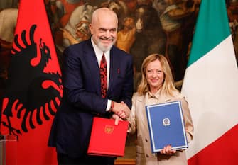 Italy's Prime Minister Giorgia Meloni, as he meets Albania  s Prime Minister Edi Rama at Chigi Palace, in Rome, Italy 6 November 2023. ANSA/GIUSEPPE LAMI