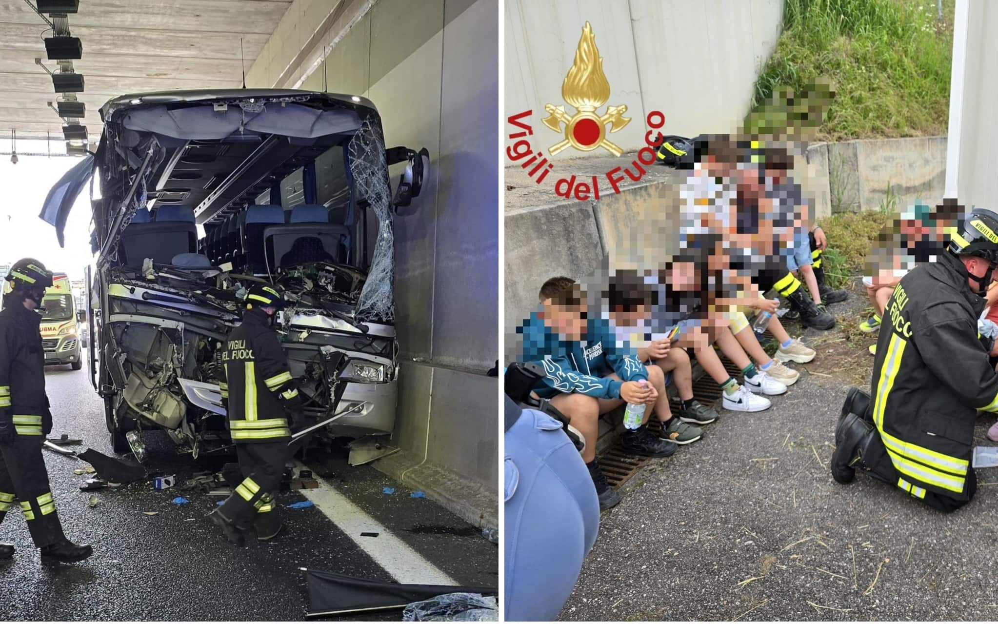 Il luogo dell'incidente e i bambini assistiti dai Vigili del fuoco
