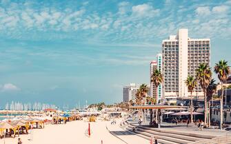 View of Tel Aviv beach, Mediterranean promenade, luxury hotels