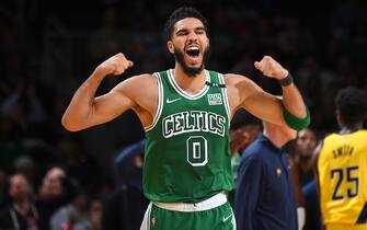 BOSTON, MA - APRIL 1: Jayson Tatum #0 of the Boston Celtics celebrates during the game against the Indiana Pacers on April 1, 2022 at the TD Garden in Boston, Massachusetts.  NOTE TO USER: User expressly acknowledges and agrees that, by downloading and or using this photograph, User is consenting to the terms and conditions of the Getty Images License Agreement. Mandatory Copyright Notice: Copyright 2022 NBAE  (Photo by Brian Babineau/NBAE via Getty Images) 