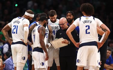 BOSTON, MASSACHUSETTS - JUNE 09: Head coach Jason Kidd of the Dallas Mavericks speaks to his team during a timeout in the first quarter Game Two of the 2024 NBA Finals against the Boston Celtics at TD Garden on June 09, 2024 in Boston, Massachusetts. NOTE TO USER: User expressly acknowledges and agrees that, by downloading and or using this photograph, User is consenting to the terms and conditions of the Getty Images License Agreement. (Photo by Maddie Meyer/Getty Images)