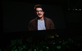 LONDON, ENGLAND - APRIL 07: Pedro Pascal appears on a screen during the studio panel at the Star Wars Celebration 2023 attends the studio panel at Star Wars Celebration 2023 in London at ExCel on April 07, 2023 in London, England. (Photo by Kate Green/Getty Images for Disney)