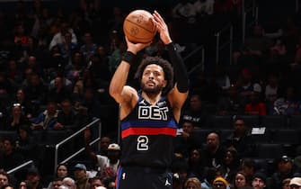 WASHINGTON, DC -  MARCH 29: Cade Cunningham #2 of the Detroit Pistons shoots a three point basket during the game against the Washington Wizards on March 29, 2024 at Capital One Arena in Washington, DC. NOTE TO USER: User expressly acknowledges and agrees that, by downloading and or using this Photograph, user is consenting to the terms and conditions of the Getty Images License Agreement. Mandatory Copyright Notice: Copyright 2024 NBAE (Photo by Kenny Giarla/NBAE via Getty Images)