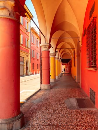 Medieval street portico in Bologna, Italy