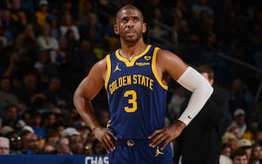 SAN FRANCISCO, CA - APRIL 7:  Chris Paul #3 of the Golden State Warriors looks on during the game on April 7, 2024 at Chase Center in San Francisco, California. NOTE TO USER: User expressly acknowledges and agrees that, by downloading and or using this photograph, user is consenting to the terms and conditions of Getty Images License Agreement. Mandatory Copyright Notice: Copyright 2024 NBAE (Photo by Noah Graham/NBAE via Getty Images)