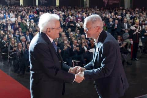 Il Presidente della Repubblica Sergio Mattarella con Dante Carraro, Direttore di Medici con l’Africa CUAMM, durante l’Annual Meeting dei Medici con l’Africa Cuamm, l'ong che oggi celebra i 75 anni di attività, Padova, 22 novembre 2025. 