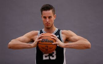 SAN ANTONIO, TX - OCTOBER 02:  Zach Collins #23 of the San Antonio Spurs poses for photographs during San Antonio Media Day at 21 Spurs Lane on October 2, 2023 in San Antonio, Texas. NOTE TO USER: User expressly acknowledges and agrees that, by downloading and or using this photograph, User is consenting to the terms and conditions of the Getty Images License Agreement. (Photo by Ronald Cortes/Getty Images)