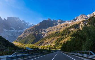 Courmayeur Road leading to the Mont Blanc tunnel, in the Aosta Valley, near Courmayeur, Italy
