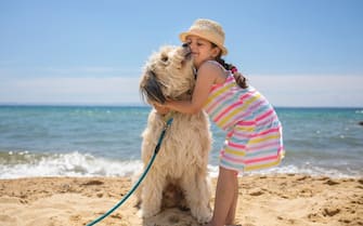 Adorable young girl enjoying family vacation on a summer day at the beach.