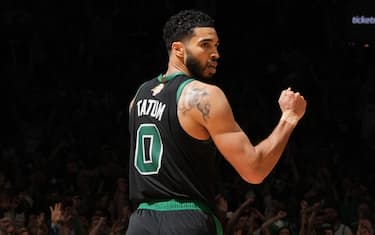 BOSTON, MA - JUNE 9: Jayson Tatum #0 of the Boston Celtics celebrates during the game against the Dallas Mavericks during Game 2 of the 2024 NBA Finals on June 9, 2024 at the TD Garden in Boston, Massachusetts. NOTE TO USER: User expressly acknowledges and agrees that, by downloading and or using this photograph, User is consenting to the terms and conditions of the Getty Images License Agreement. Mandatory Copyright Notice: Copyright 2024 NBAE  (Photo by Jesse D. Garrabrant/NBAE via Getty Images)