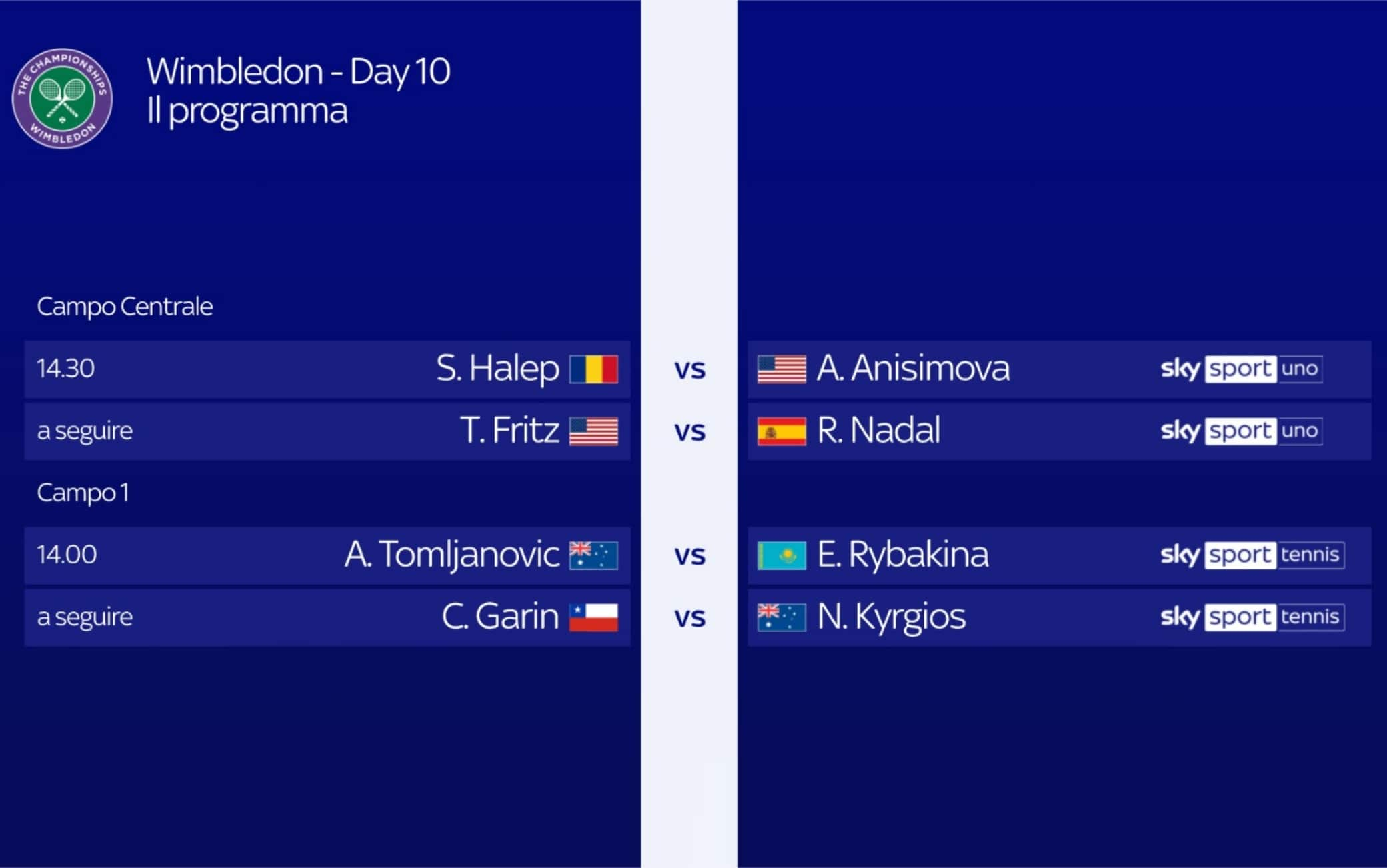 wimbledon programma mercoledi