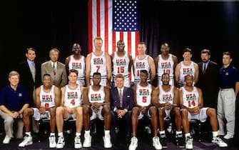 BARCELONA - 1992: The United States Men's National Basketball Team pose for a photo at the 1992 Summer Olympics in Barcelona, Spain.  NOTE TO USER: User expressly acknowledges that, by downloading and or using this photograph, User is consenting to the terms and conditions of the Getty Images License agreement. Mandatory Copyright Notice: Copyright 1992 NBAE (Photo by Andrew D. Bernstein/NBAE via Getty Images)