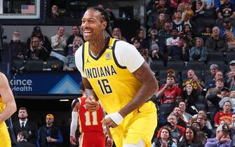 INDIANAPOLIS, IN - JANUARY 5: James Johnson #16 of the Indiana Pacers smiles during the game against the Atlanta Hawks on January 5, 2024 at Gainbridge Fieldhouse in Indianapolis, Indiana. NOTE TO USER: User expressly acknowledges and agrees that, by downloading and or using this Photograph, user is consenting to the terms and conditions of the Getty Images License Agreement. Mandatory Copyright Notice: Copyright 2024 NBAE (Photo by Ron Hoskins/NBAE via Getty Images)
